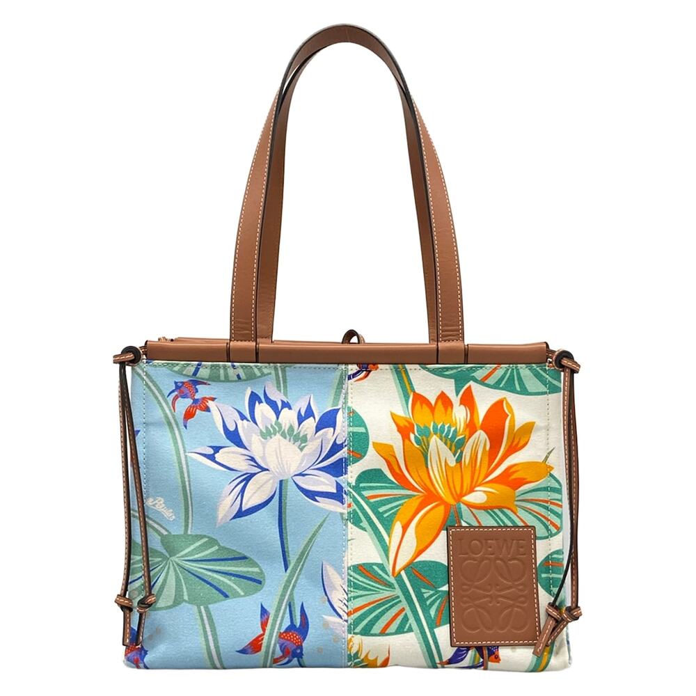 Loewe Cushion Tote Bag 328.09AA93-6232 Light Blue Brown Multi Canvas Leather